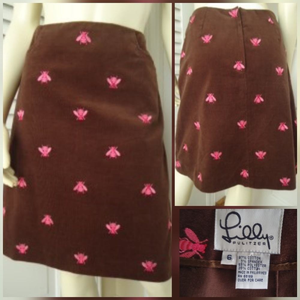 Lilly Pulitzer Cord Skirt 6 Pink Bee Embroidery